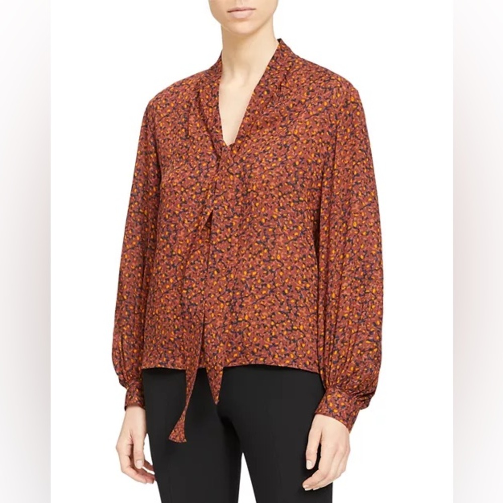 Theory Printed Neck Tie Autumn Blouson Sleeve Blouse